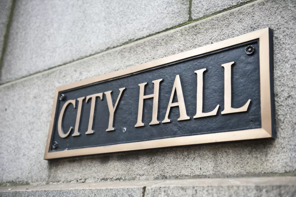 Plaque with City Hall engraved